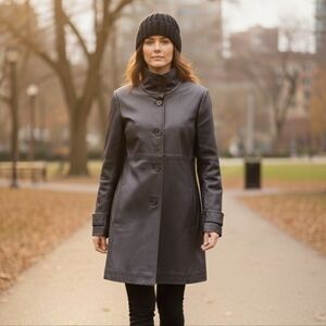 Black Genuine Leather Swing Coat with Stand Collar – Jones New York